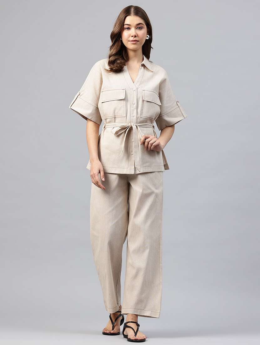women solid shirt and trouser co-ord set - 22338080 -  Standard Image - 1