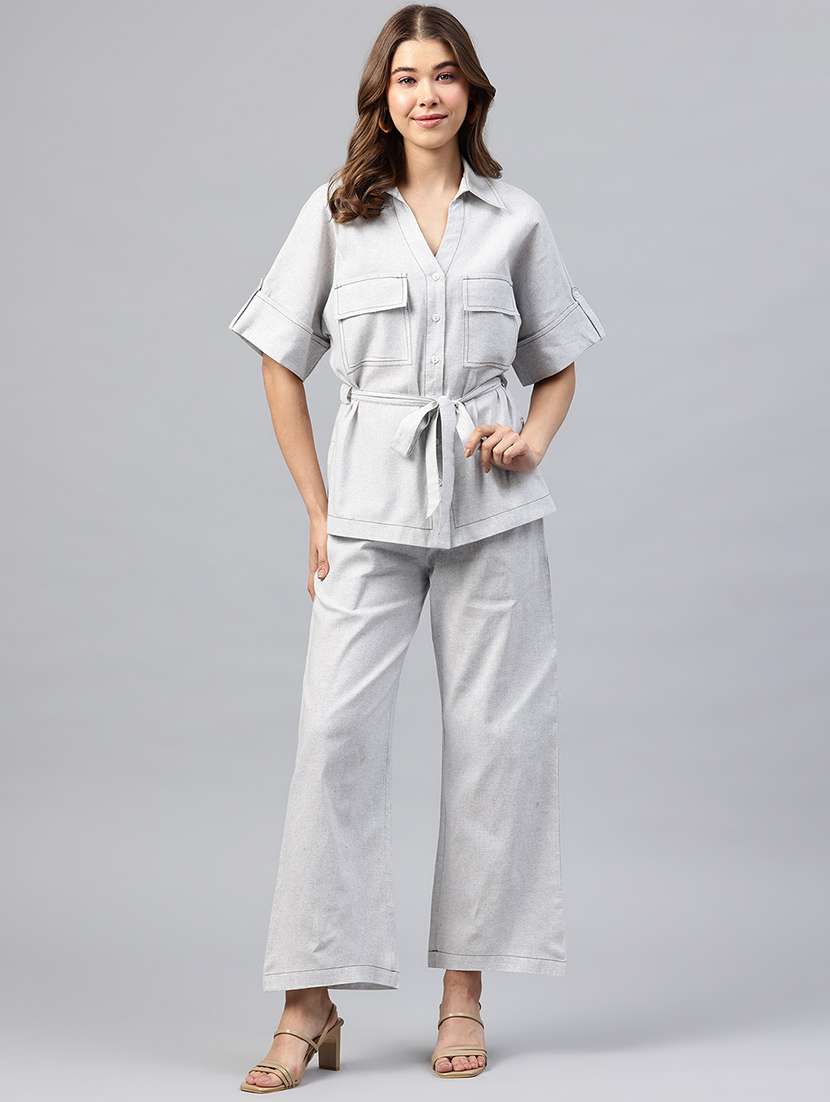 women solid shirt and trouser co-ord set - 22338081 -  Standard Image - 1