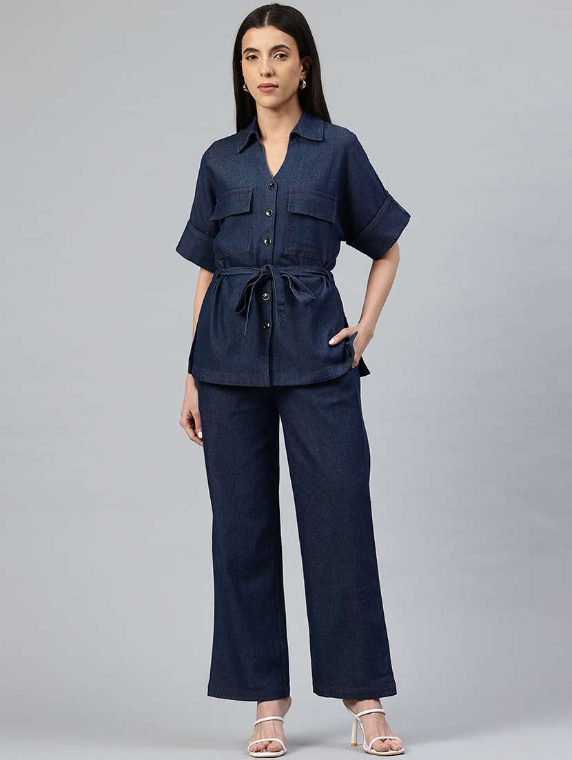 women solid shirt and trouser co-ord set - 22338085 -  Standard Image - 1