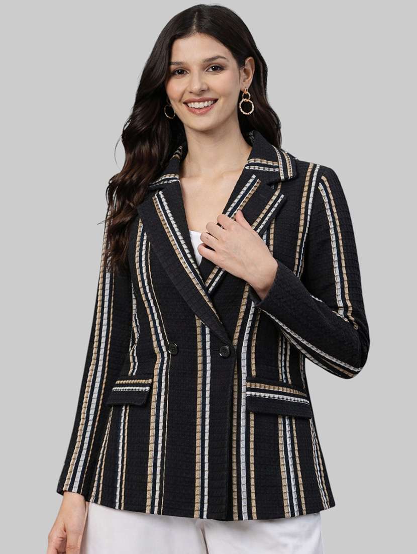 women striped long sleeve double breasted blazer