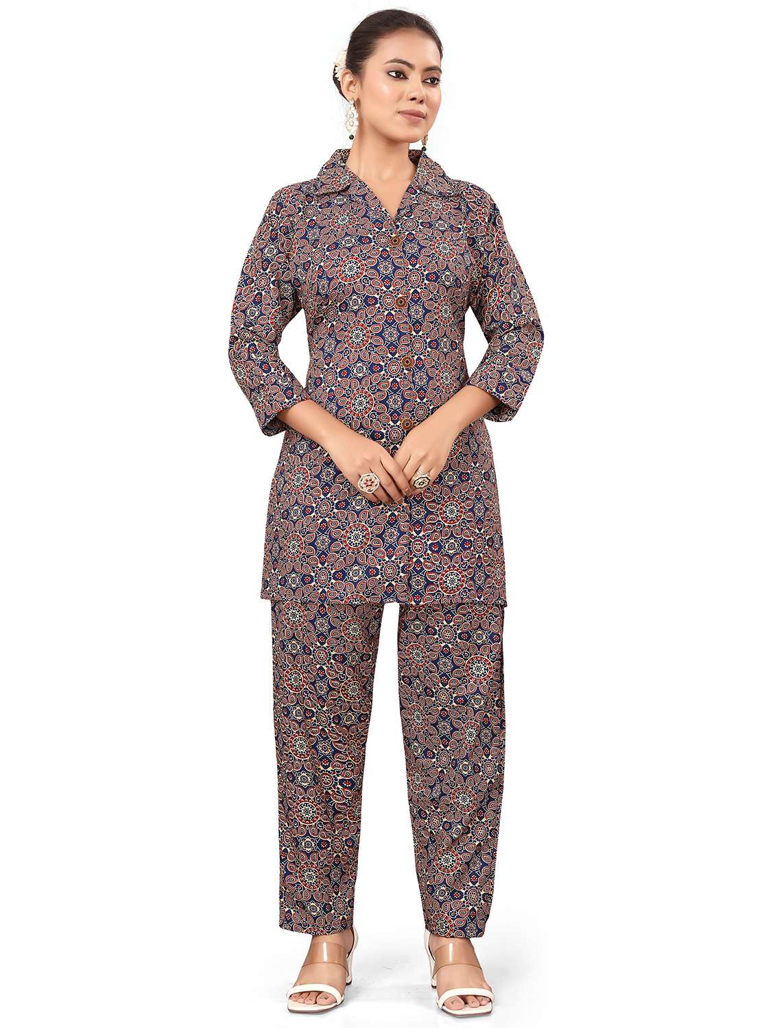women printed three quarter sleeve co-ord set