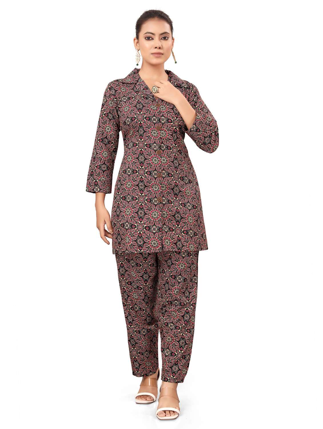 women printed three quarter sleeve co-ord set