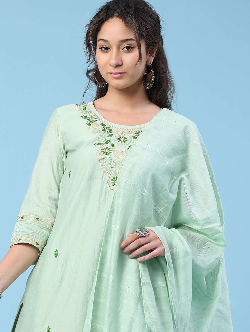 women embroidered three quarter sleeve kurta pant with dupatta set - 22338449 -  Standard Image - 1