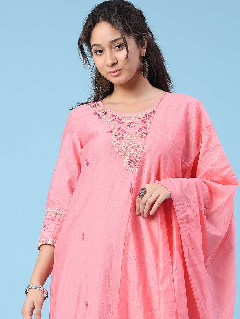 women embroidered three quarter sleeve kurta pant with dupatta set - 22338450 -  Standard Image - 1