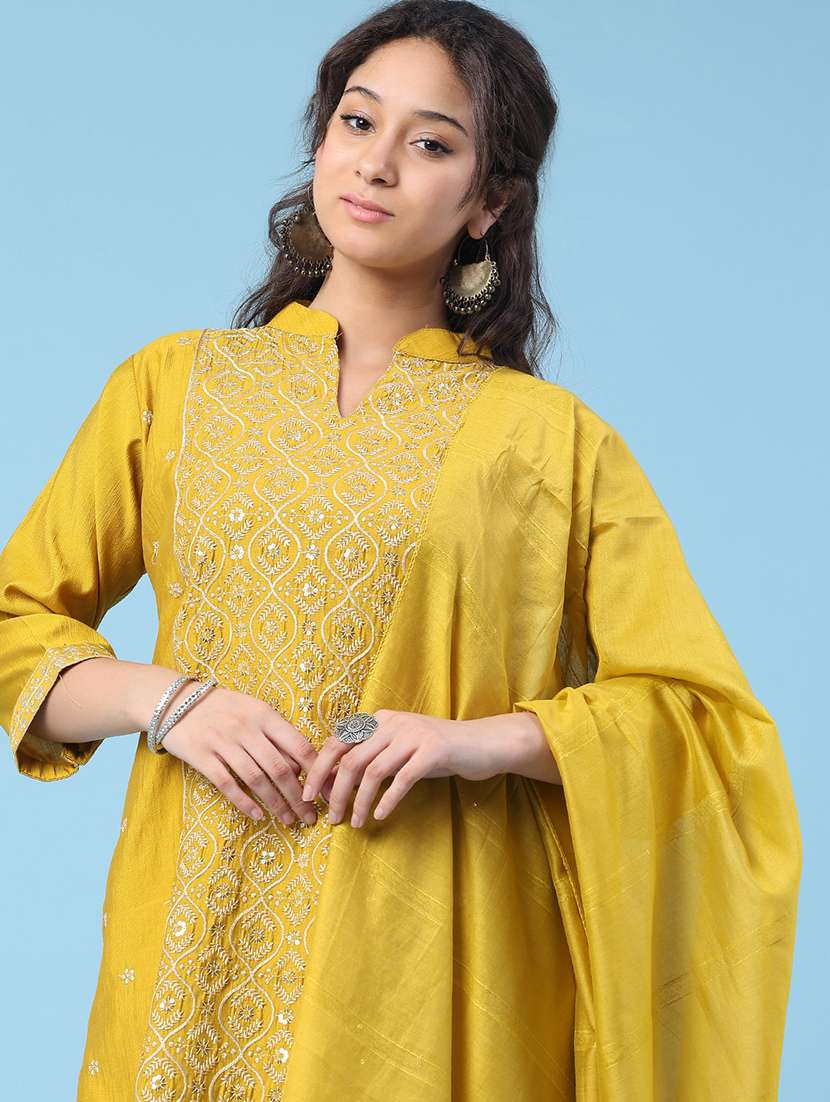 women embroidered three quarter sleeve kurta pant with dupatta set - 22338454 -  Standard Image - 1