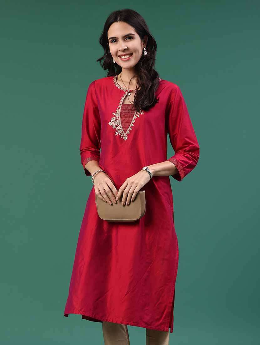 women embroidered three quarter sleeve straight kurta