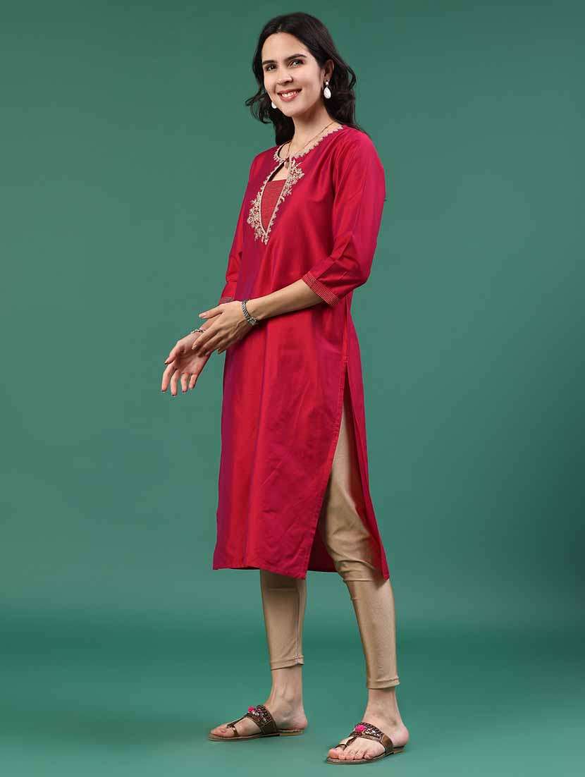 Women Embroidered Three Quarter Sleeve Straight Kurta - 22338759 -  Standard Image - 4