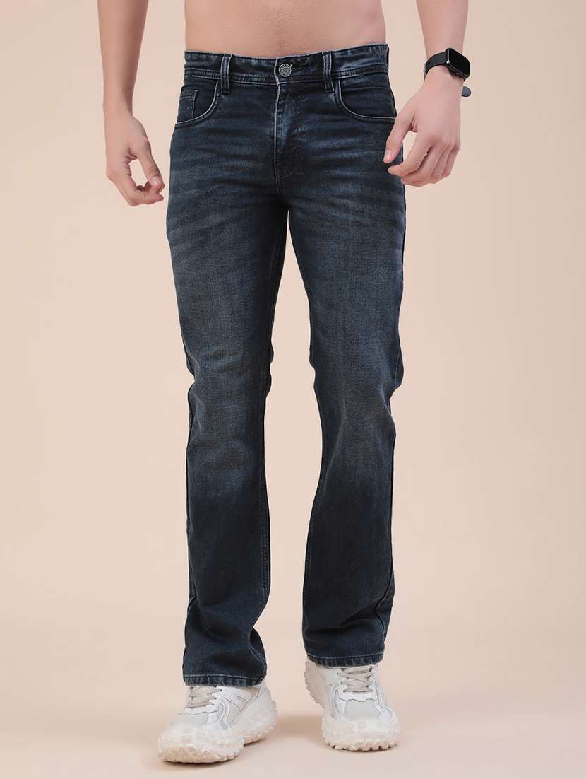 men washed mid rise bootcut jeans