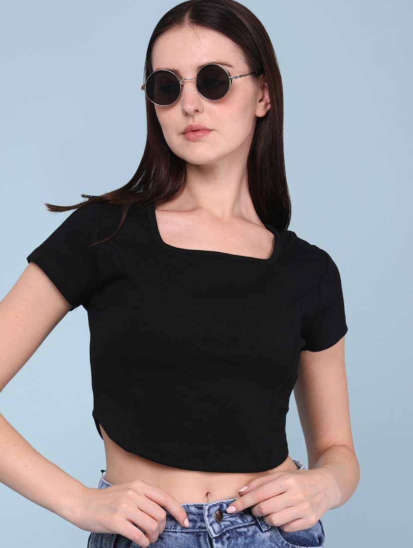 women solid short sleeves crop t-shirt