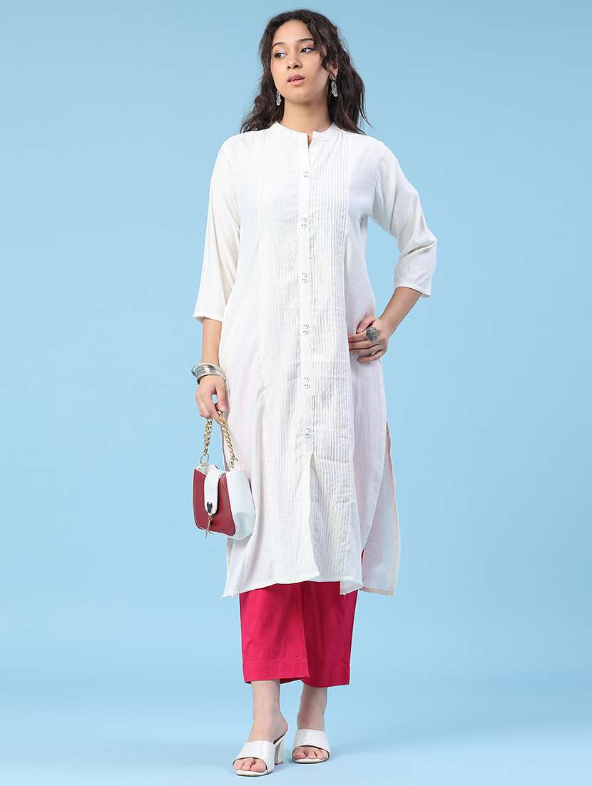 women solid three quarter sleeves straight kurta