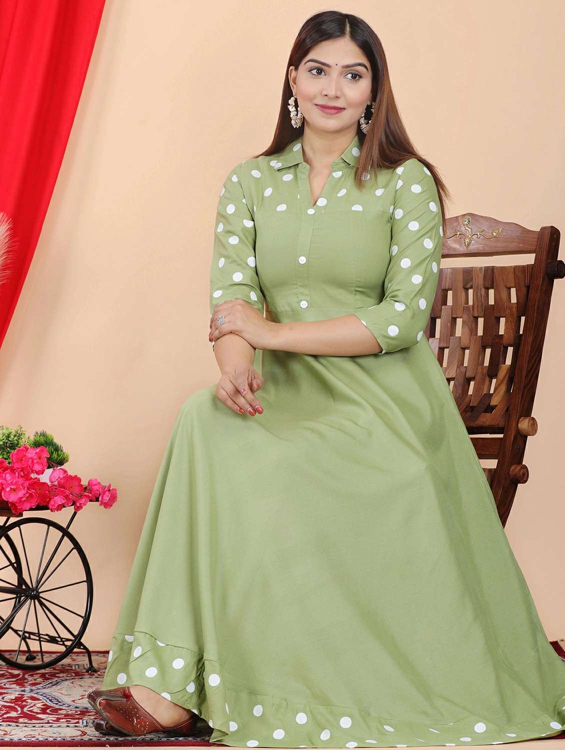 women polka dot three quarter sleeve flared kurta - 22339262 -  Standard Image - 1