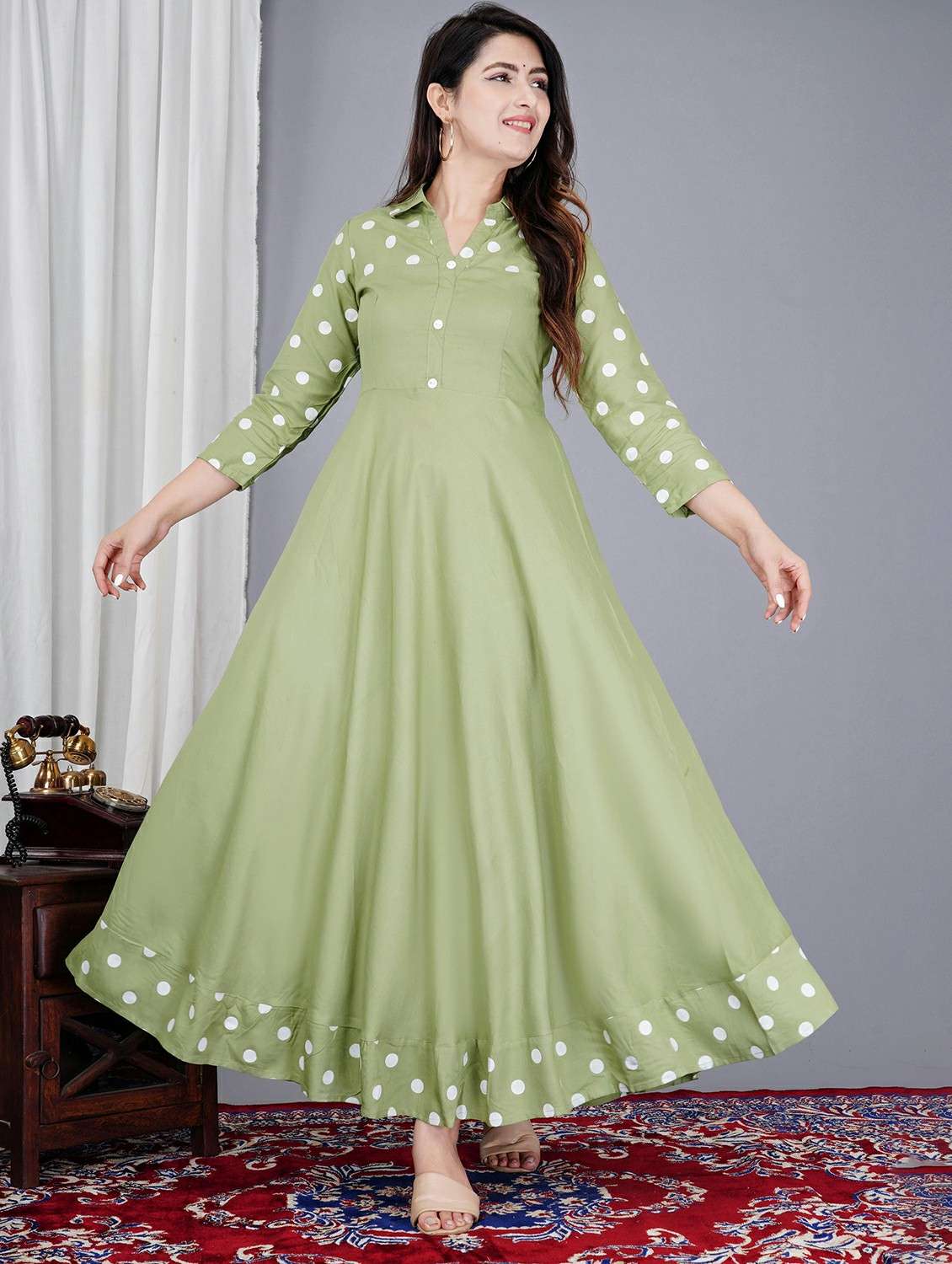 women polka dot three quarter sleeve flared kurta - 22339263 -  Standard Image - 1