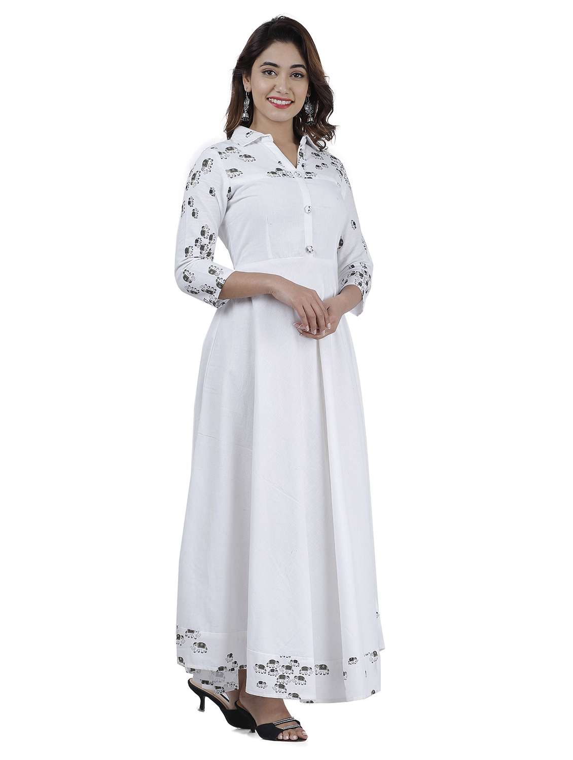 women printed three quarter sleeve flared kurta - 22339265 -  Standard Image - 1