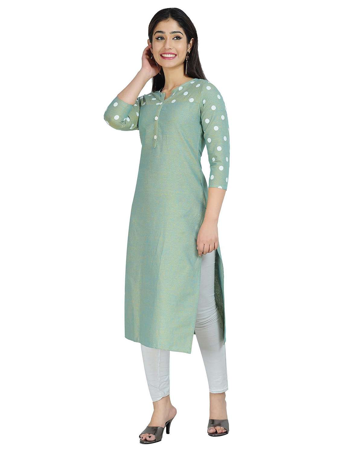 women polka dot three quarter sleeve straight kurta - 22339266 -  Standard Image - 1