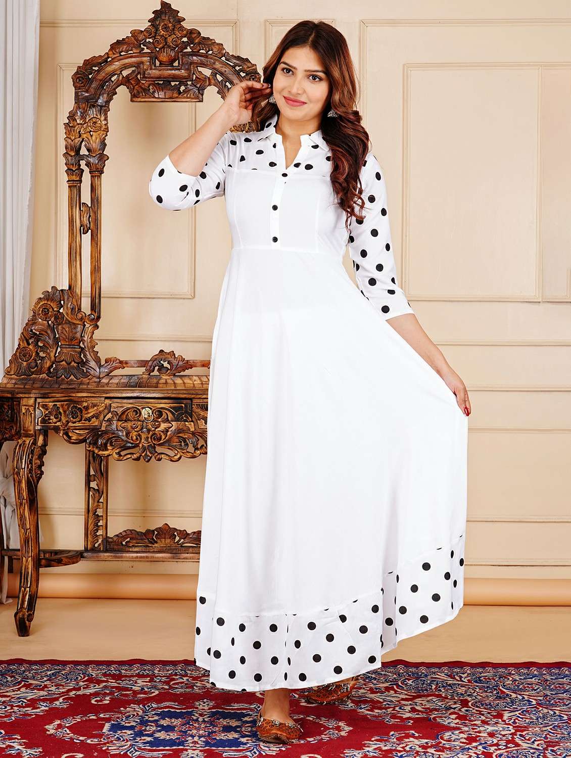 women polka dot three quarter sleeve flared kurta - 22339268 -  Standard Image - 1