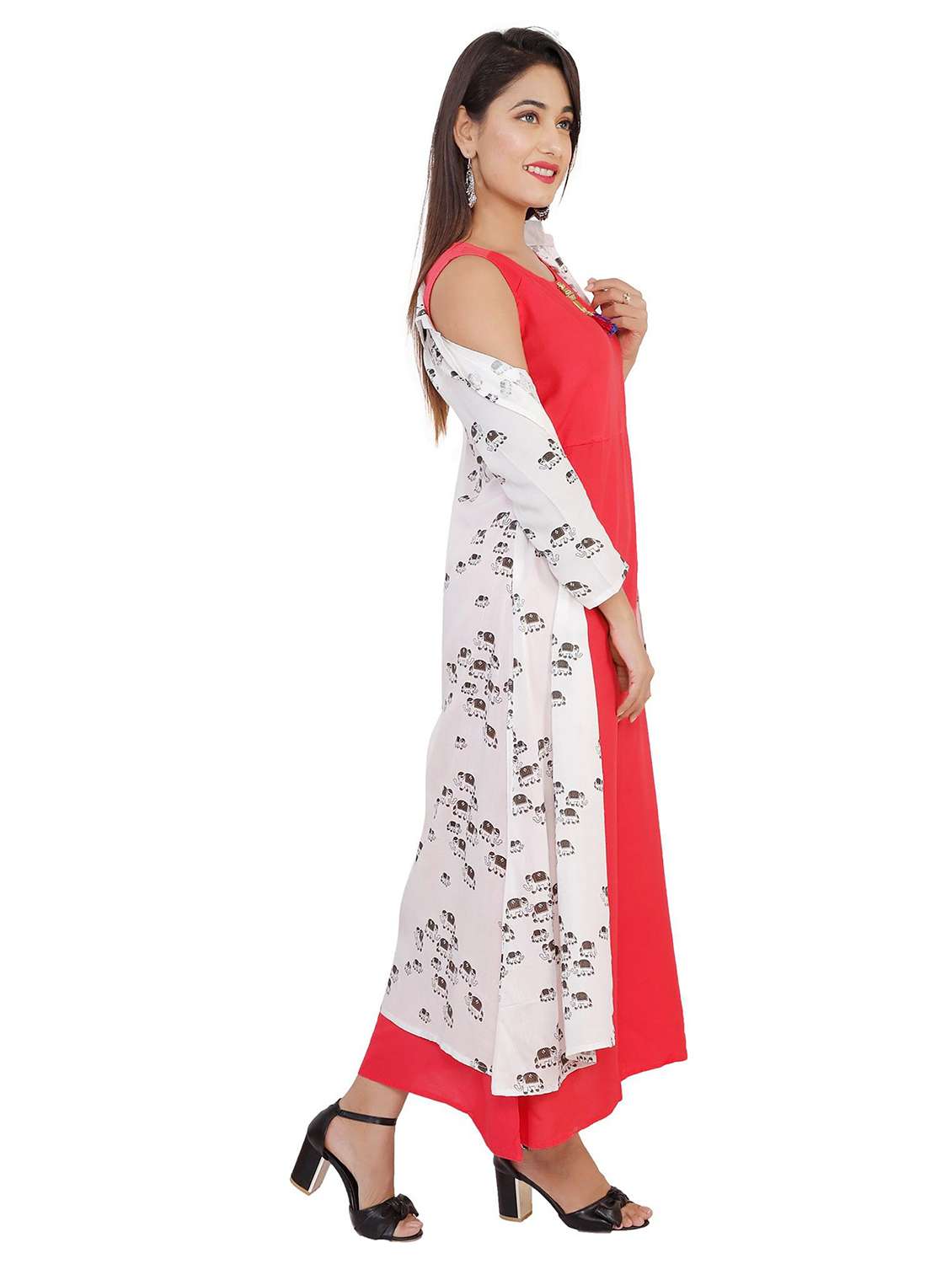 women printed three quarter sleeve kurta with jacket - 22339274 -  Standard Image - 1
