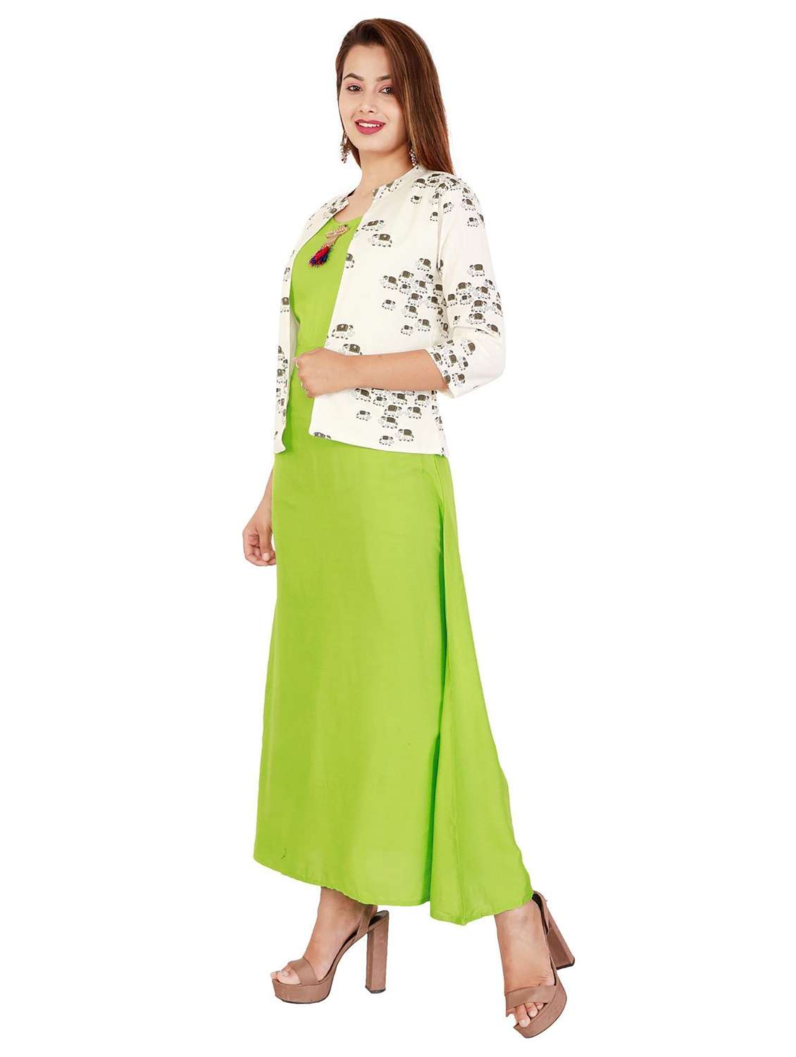 women printed three quarter sleeve kurta with jacket - 22339276 -  Standard Image - 1
