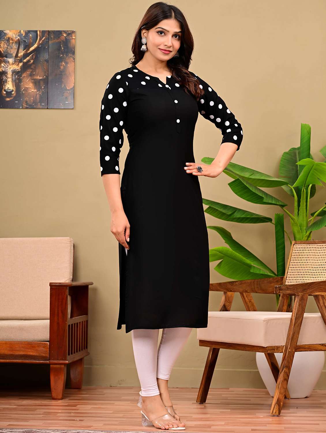 women polka dot three quarter sleeve straight kurta - 22339278 -  Standard Image - 1