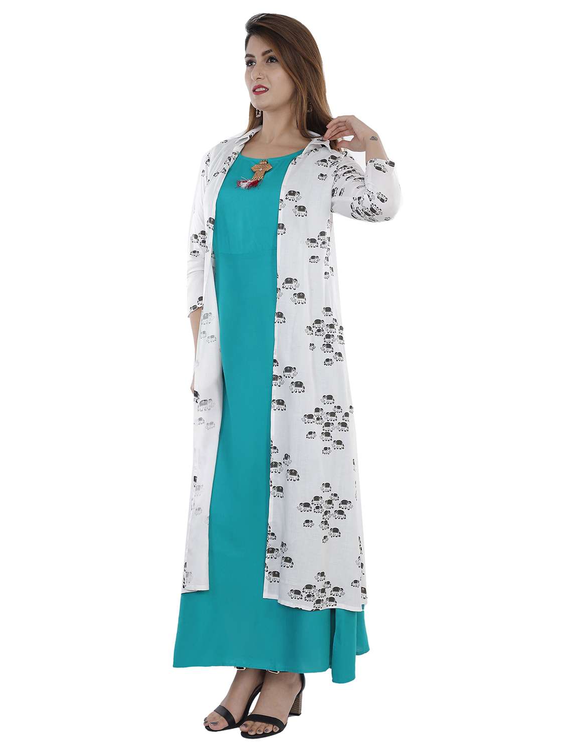 women printed three quarter sleeve kurta with jacket - 22339282 -  Standard Image - 1