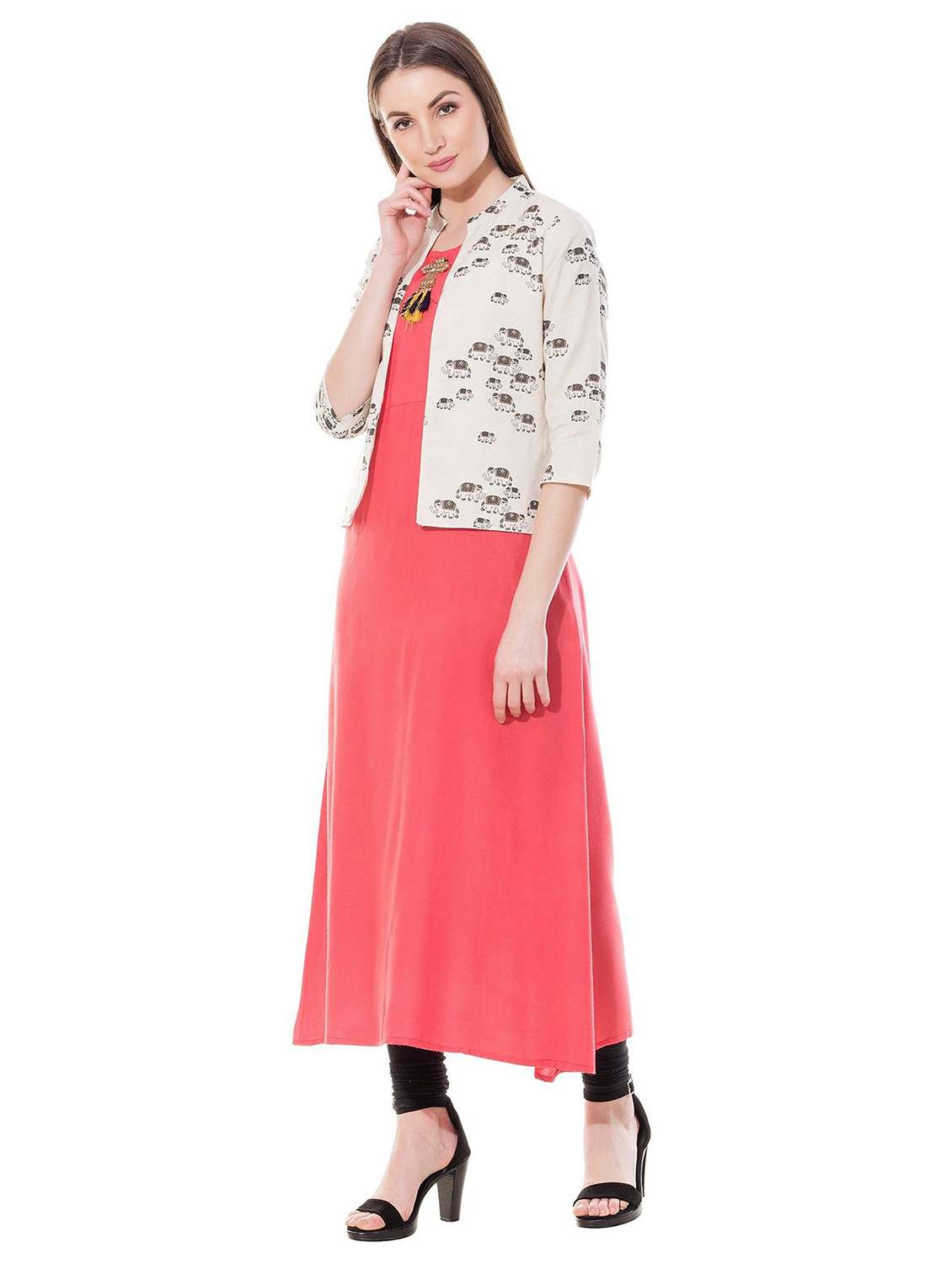 women printed three quarter sleeve kurta with jacket - 22339283 -  Standard Image - 1
