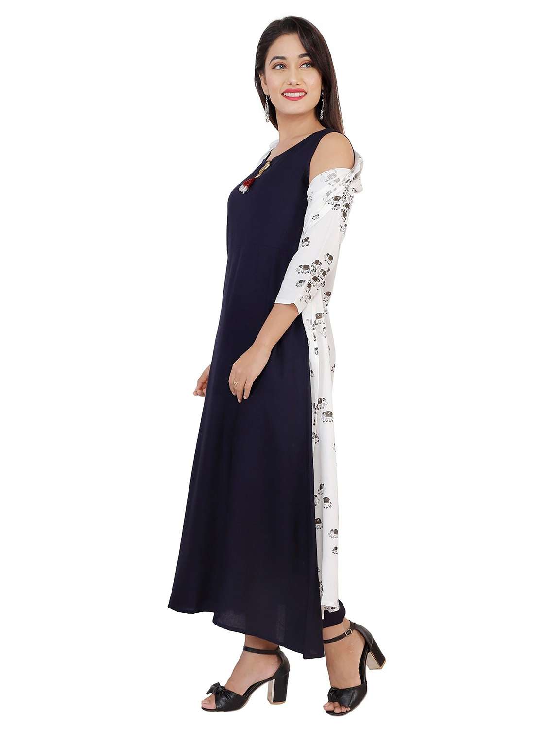 women printed three quarter sleeve kurta with jacket - 22339284 -  Standard Image - 1