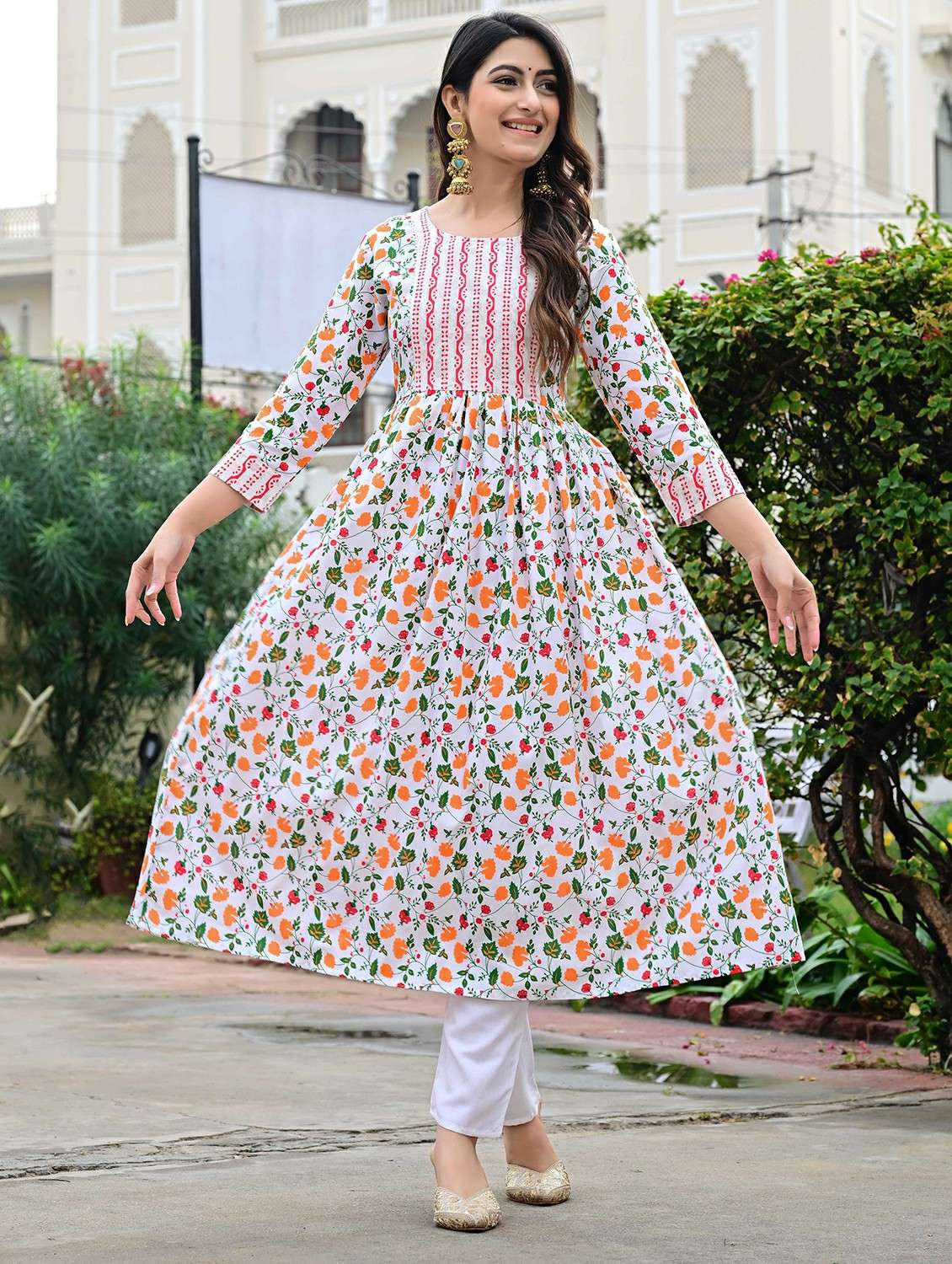 women floral three quarter sleeve a-line kurta - 22339286 -  Standard Image - 1