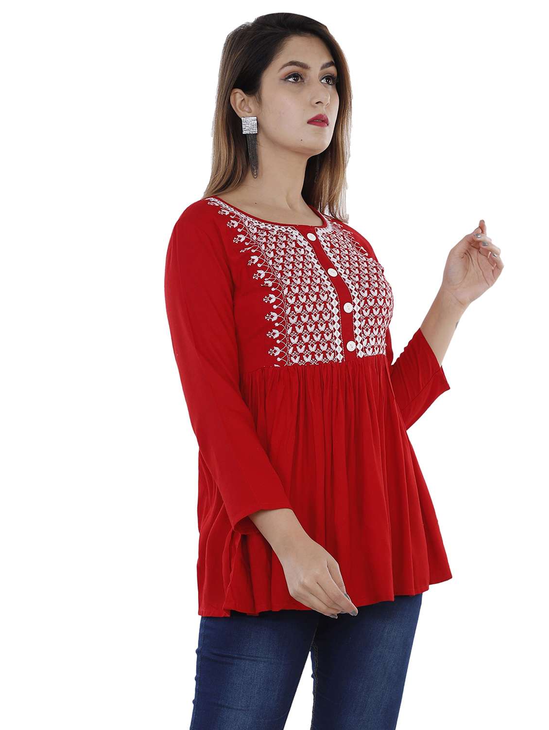 women solid with work three quarter sleeve ethnic top - 22339287 -  Standard Image - 1
