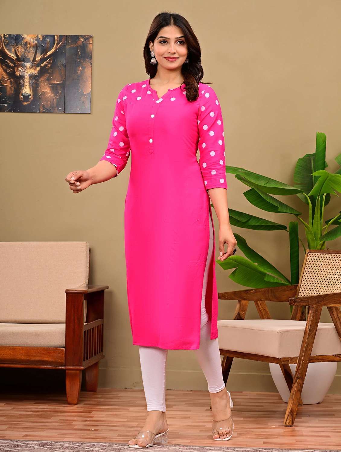 women polka dot three quarter sleeve straight kurta - 22339288 -  Standard Image - 1