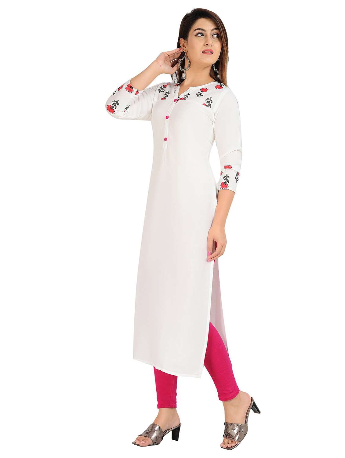 women floral printed three quarter sleeve straight kurta - 22339290 -  Standard Image - 1