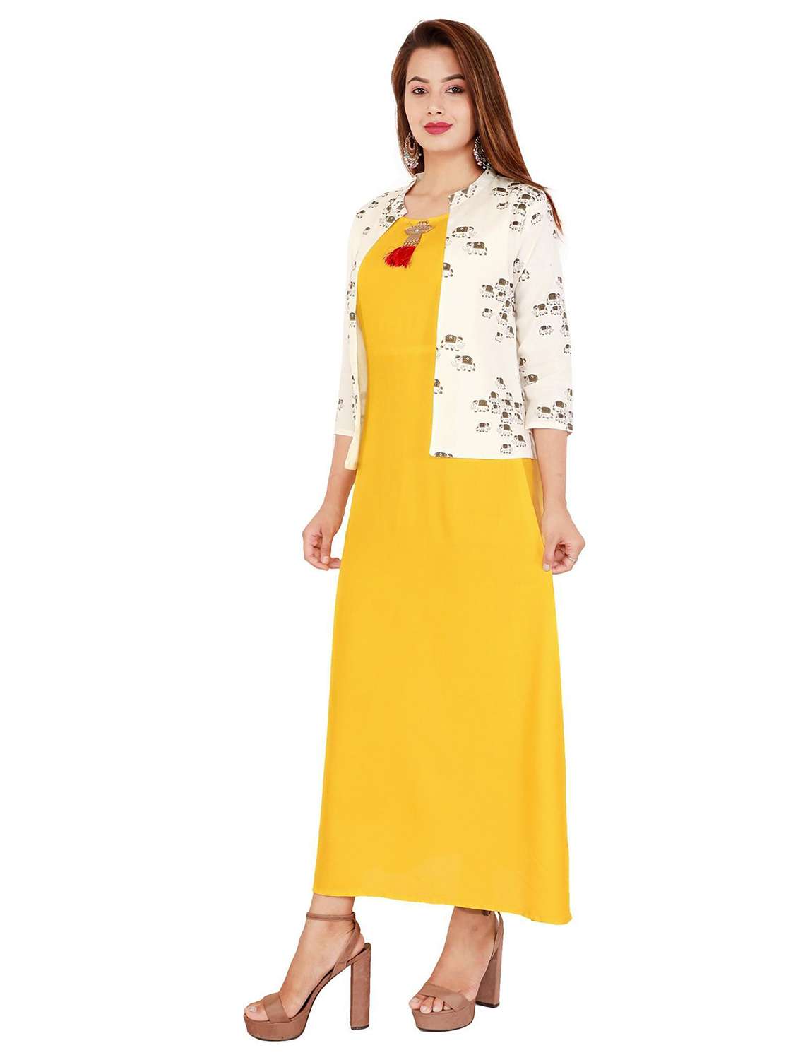 women printed three quarter sleeve kurta with jacket - 22339293 -  Standard Image - 1