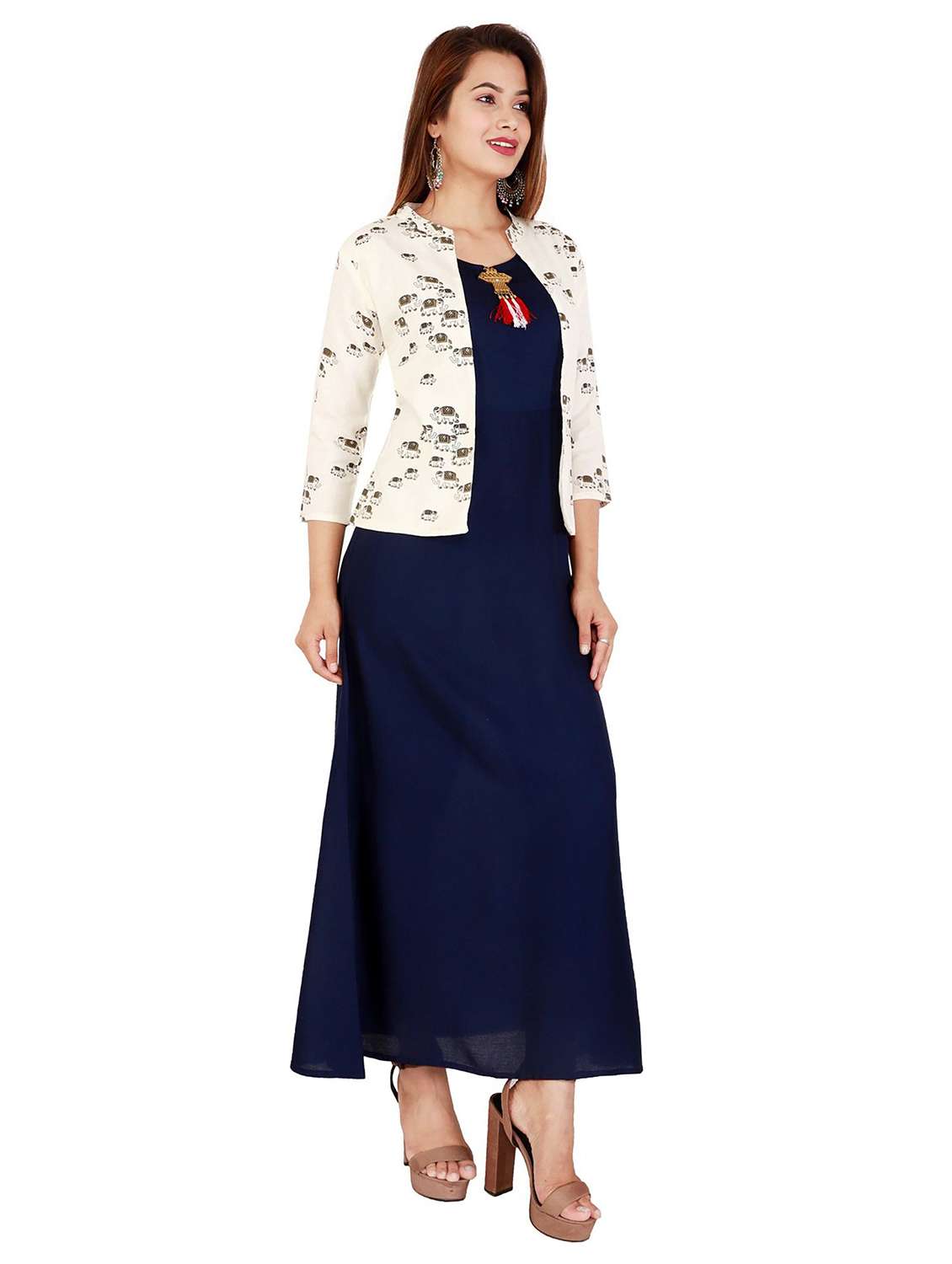 women printed three quarter sleeve kurta with jacket - 22339296 -  Standard Image - 1