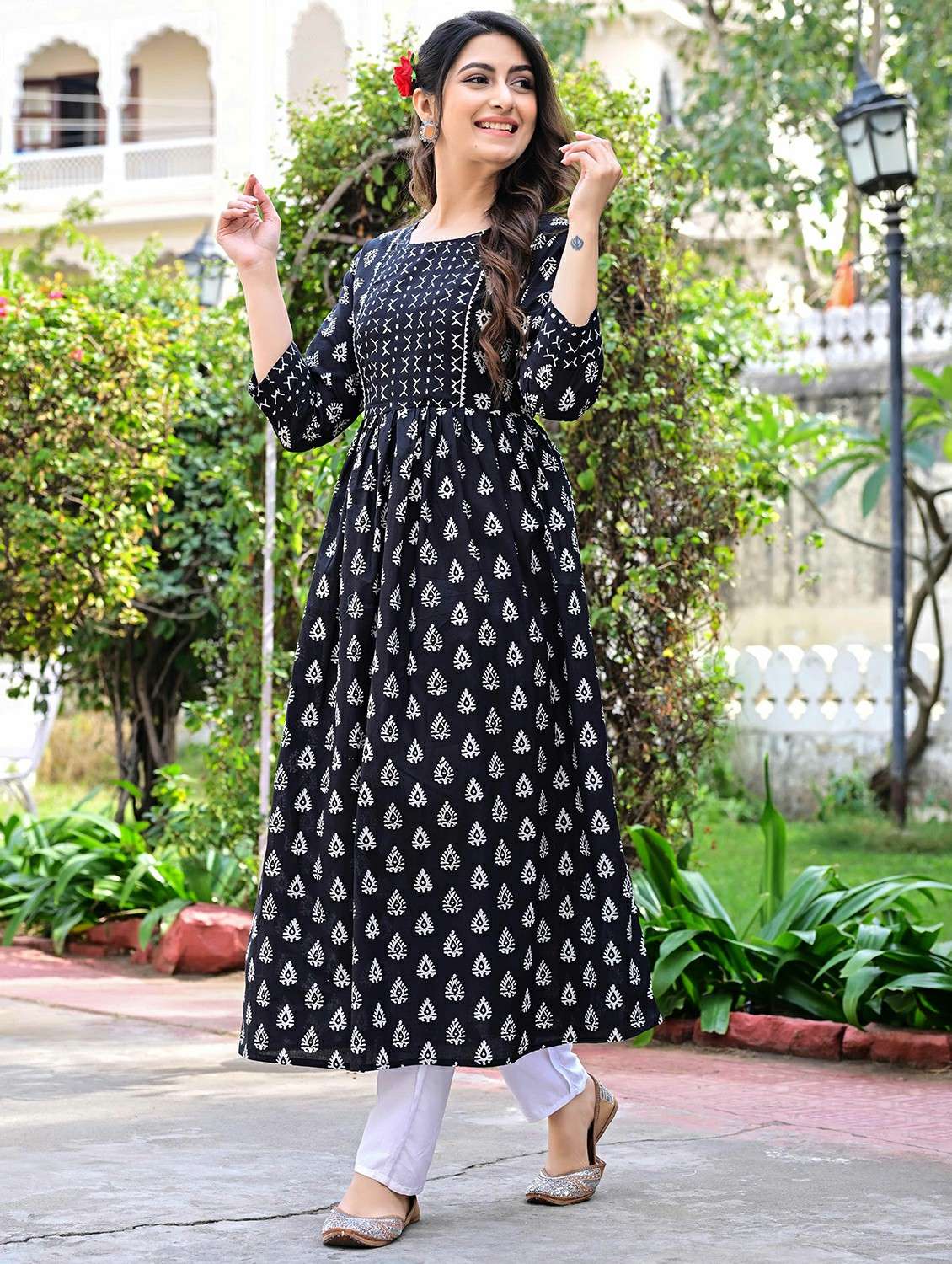 women printed three quarter sleeve a-line kurta - 22339298 -  Standard Image - 1