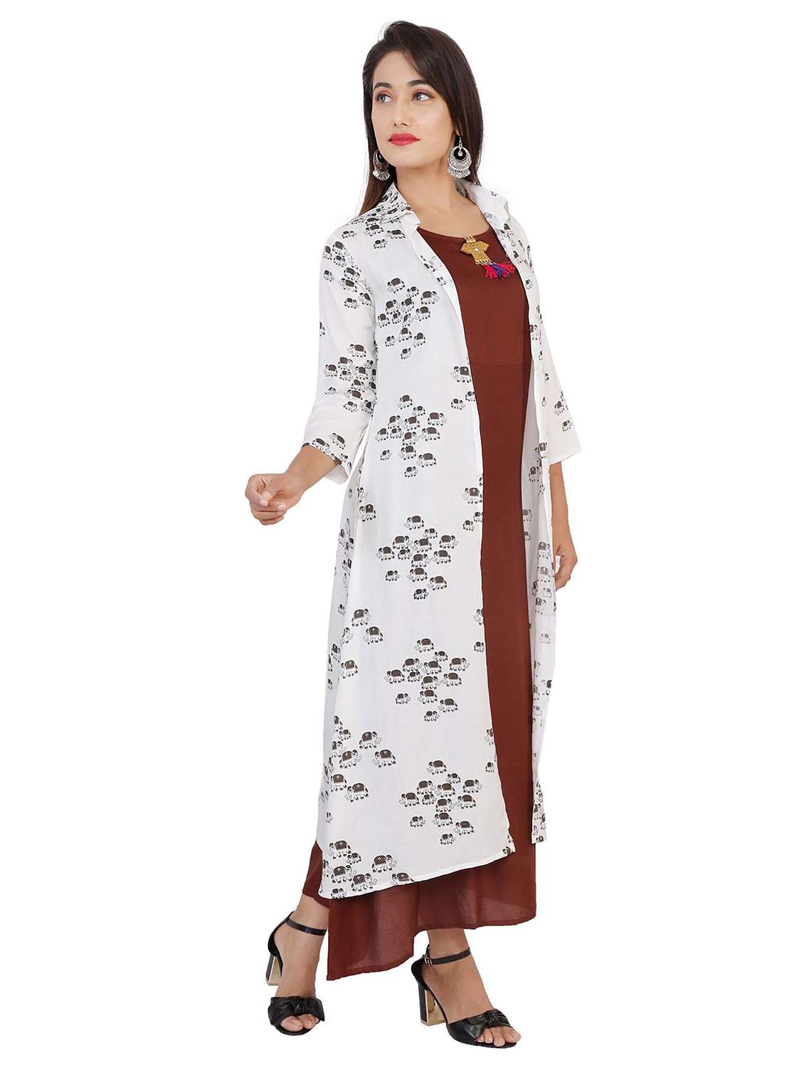 women printed three quarter sleeve kurta with jacket - 22339299 -  Standard Image - 1
