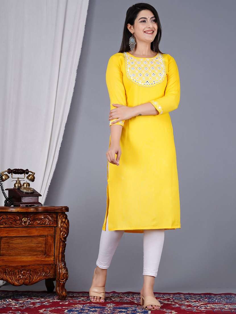 women solid with work three quarter sleeve straight kurta - 22339302 -  Standard Image - 1