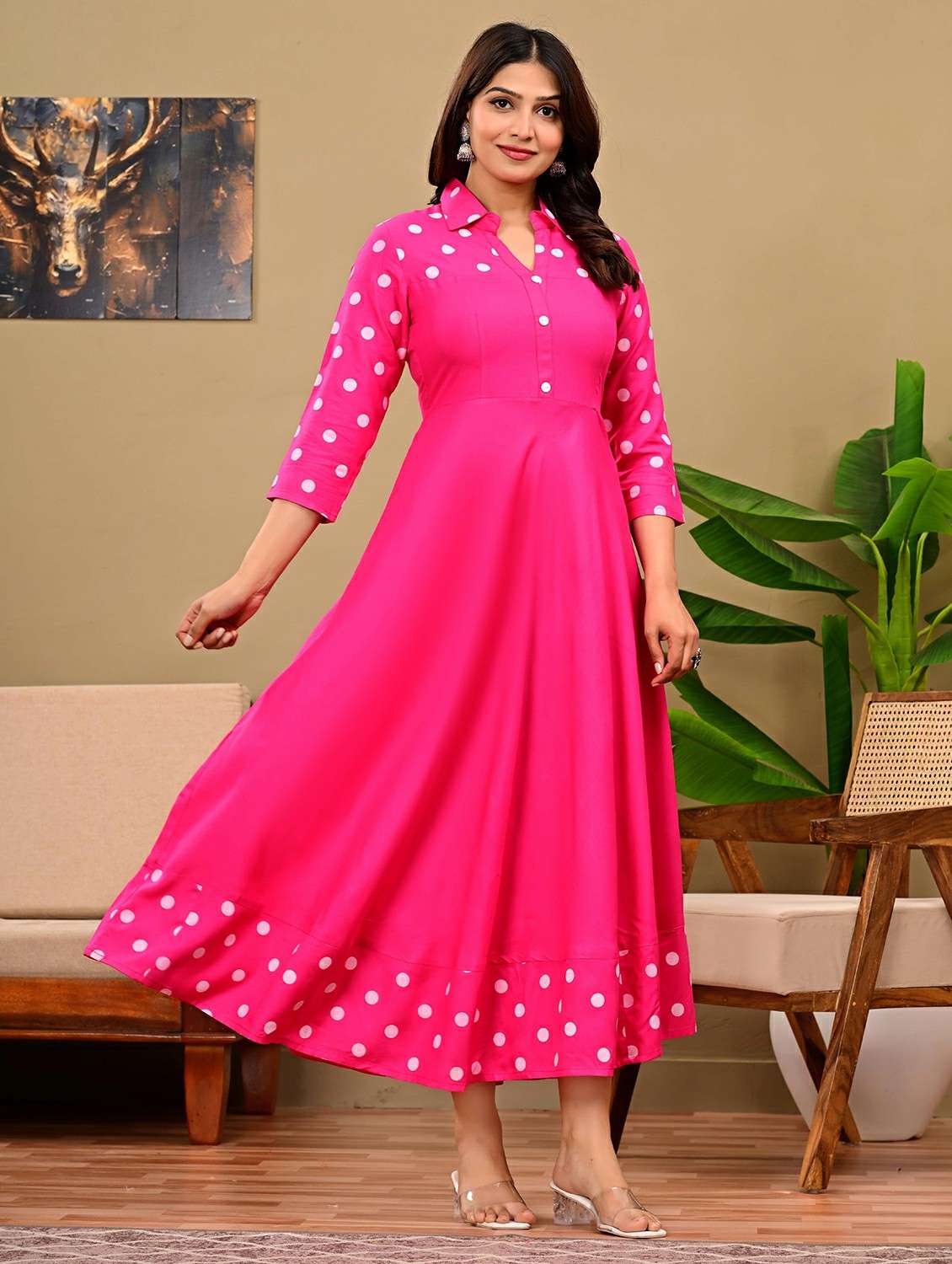 women polka dot three quarter sleeve flared kurta