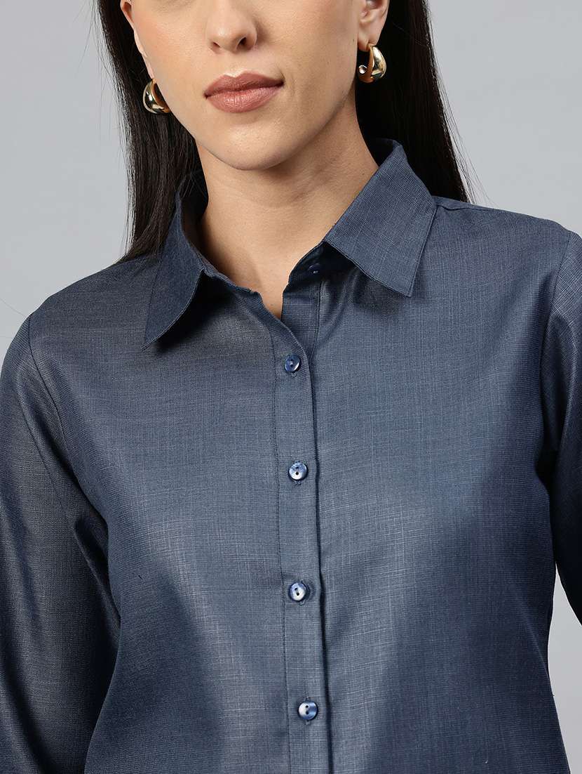 Women Solid Collared Long Sleeve Shirt - 22339317 -  Standard Image - 1