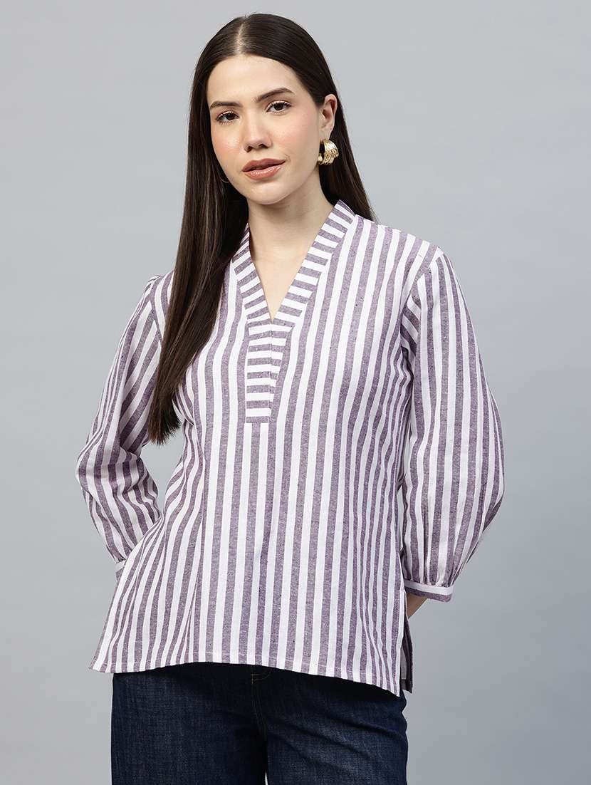 women striped three quarter sleeve regular top