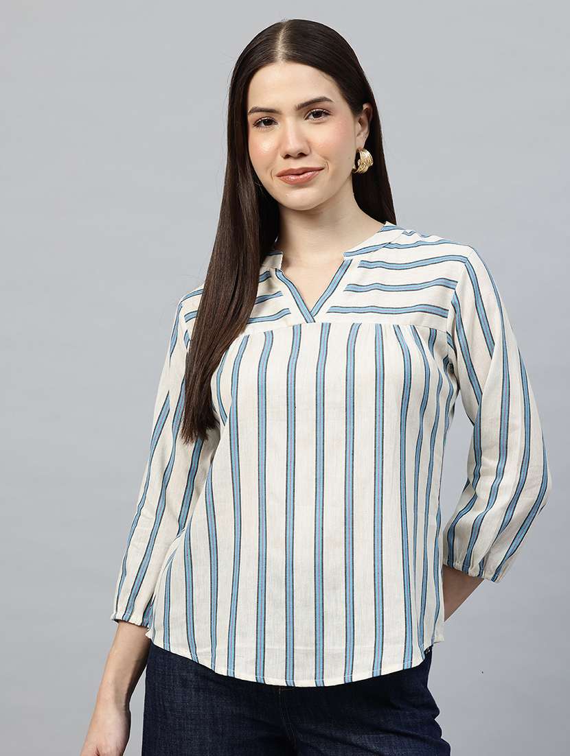women striped three quarter sleeve regular top