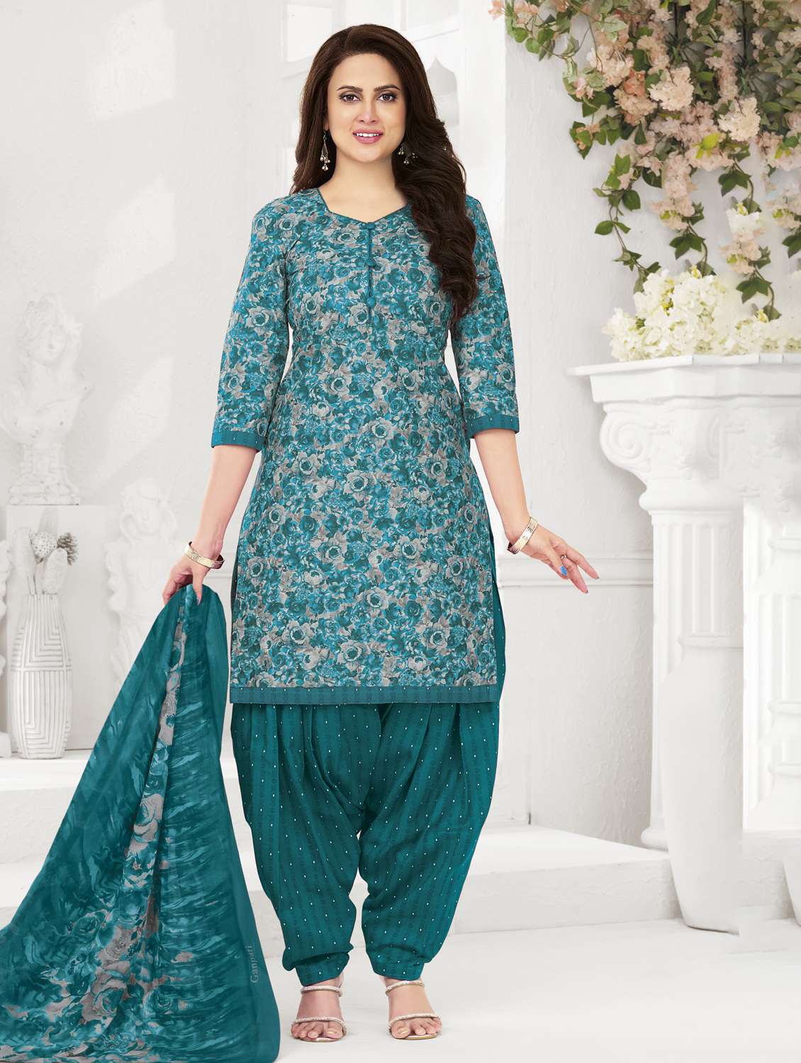 women printed three quarter sleeve kurta patiala with dupatta set - 22339367 -  Standard Image - 1
