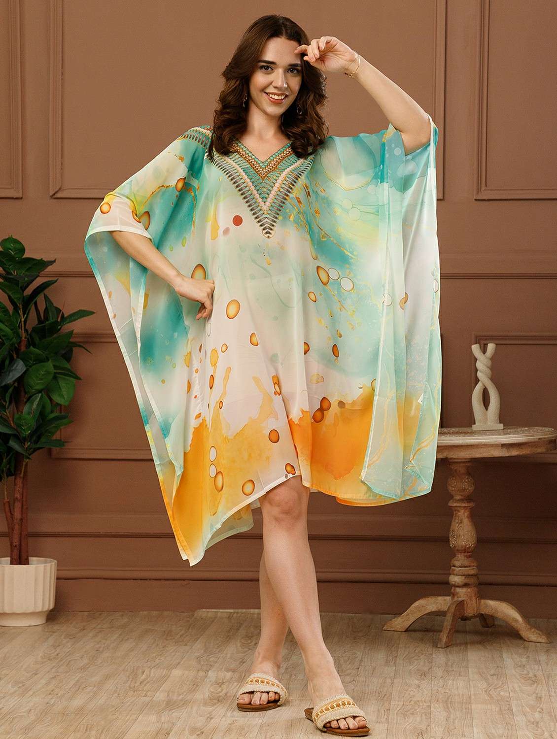 women printed kimono sleeve kaftan dress