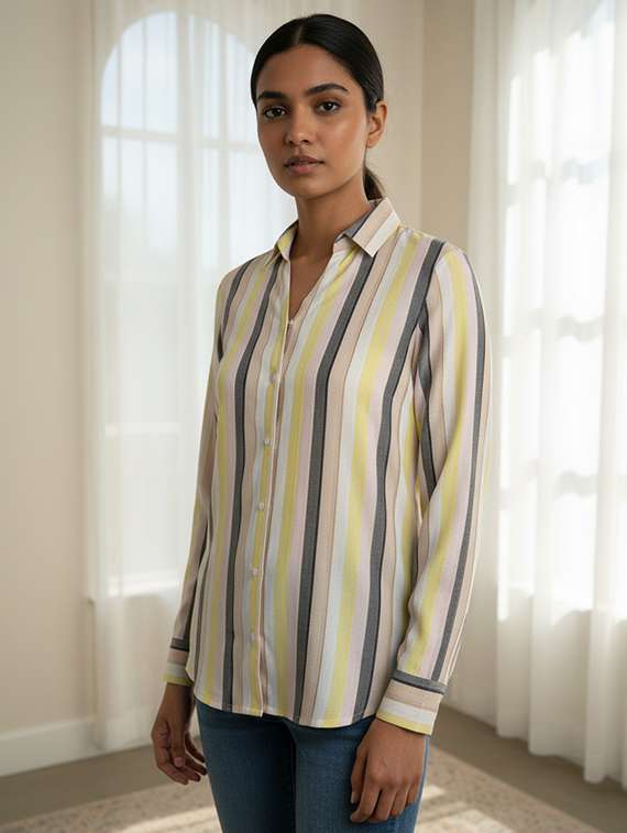 Women Striped Collared Long Sleeve Shirt - 22339490 -  Standard Image - 1