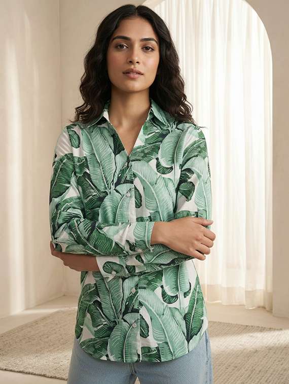 women printed collared long sleeve shirt