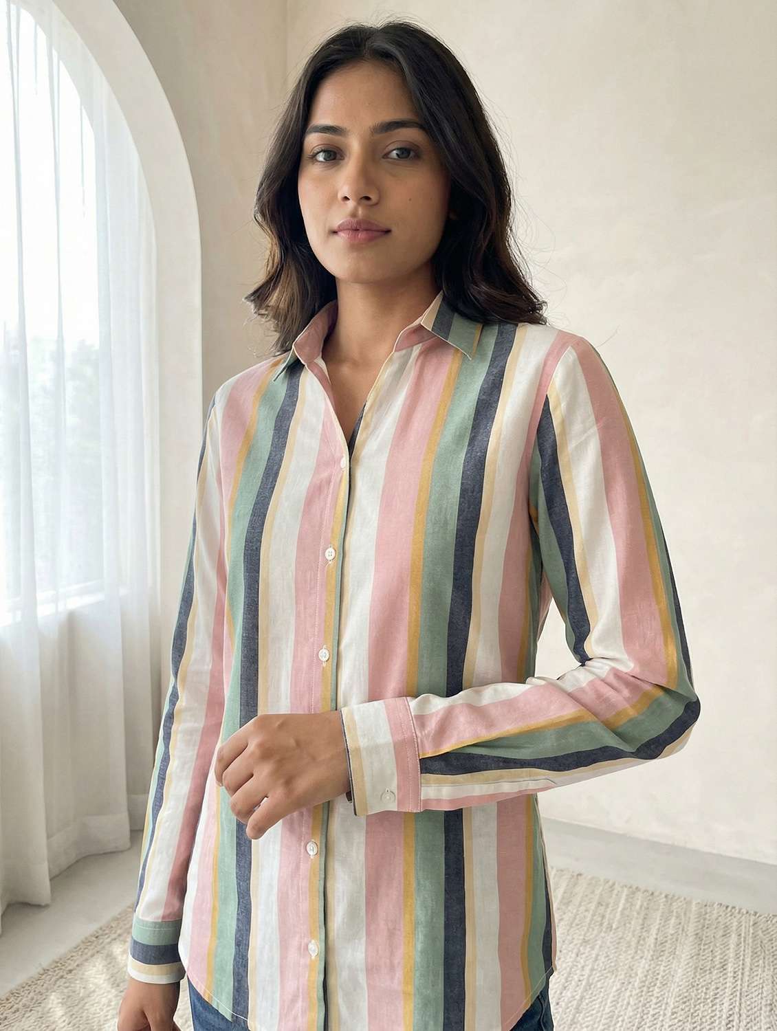 women striped collared long sleeve shirt - 22339492 -  Standard Image - 1