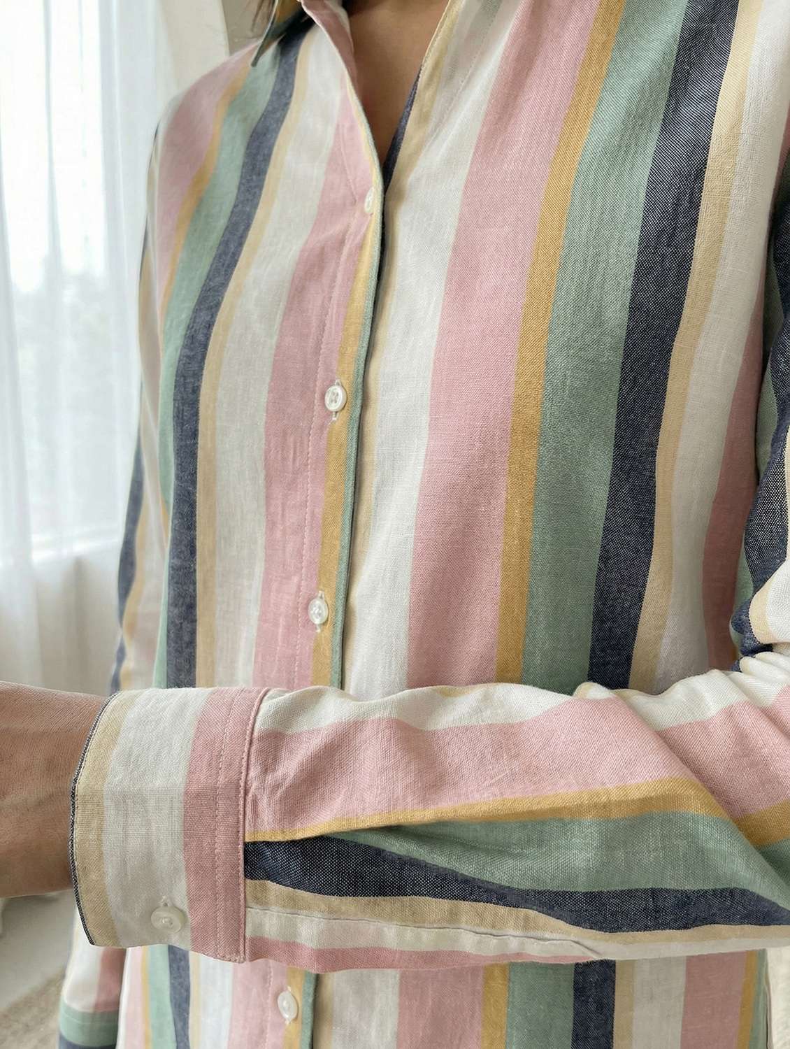 women striped collared long sleeve shirt - 22339492 -  Standard Image - 4