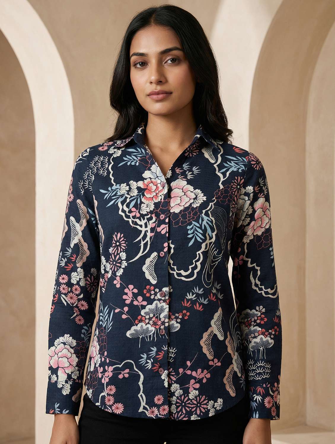 women printed collared long sleeve shirt - 22339493 -  Standard Image - 1