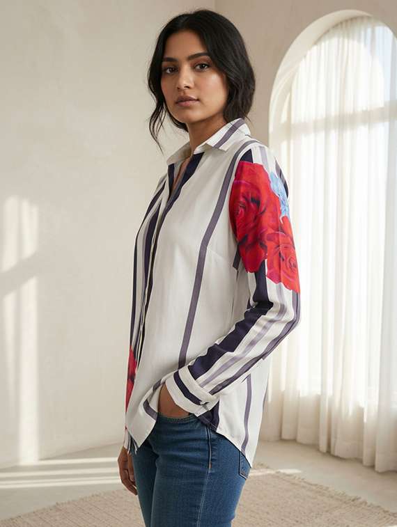 women printed collared long sleeve shirt - 22339494 -  Standard Image - 1