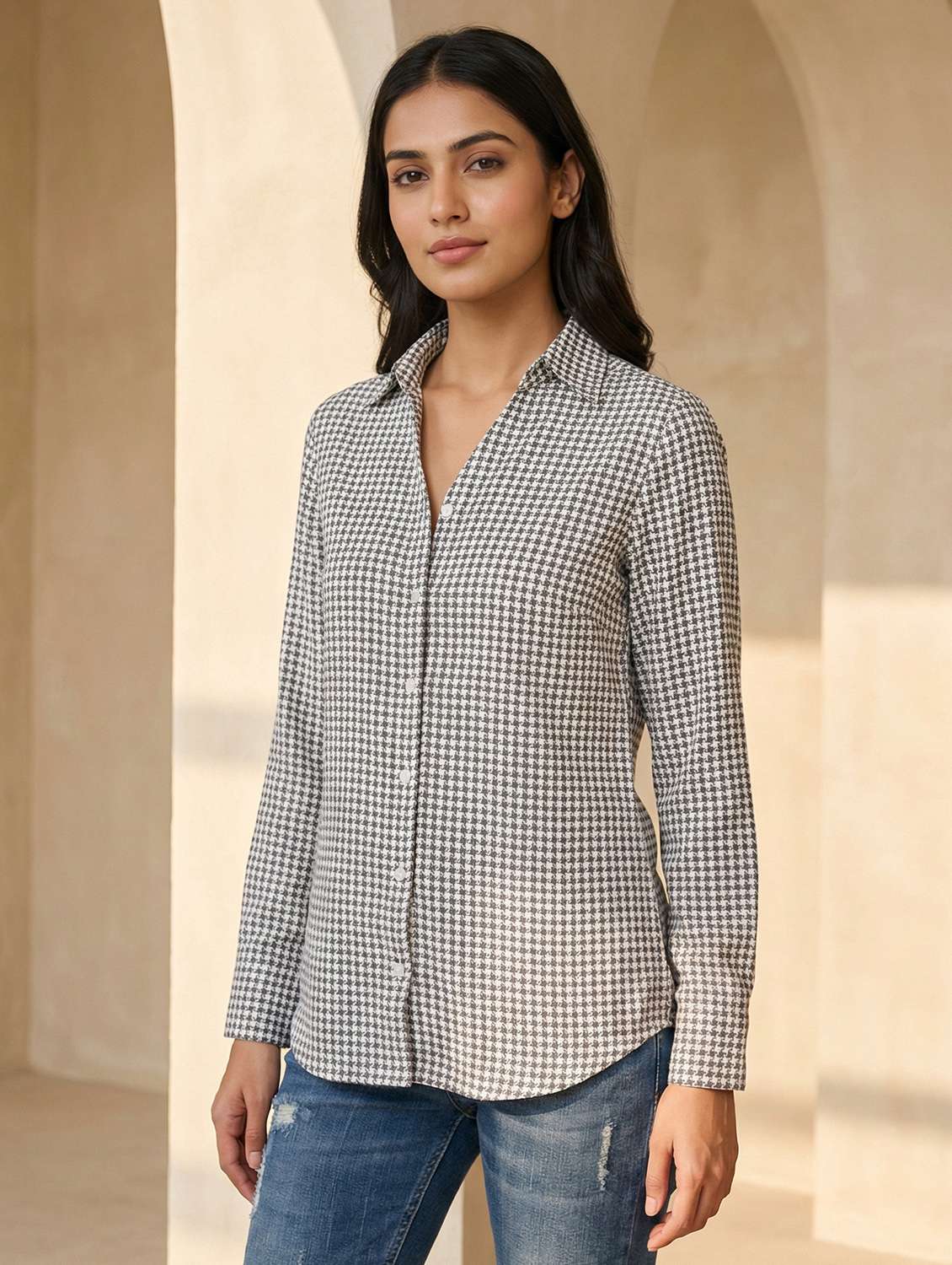 women houndstooth print collared long sleeve shirt - 22339498 -  Standard Image - 1