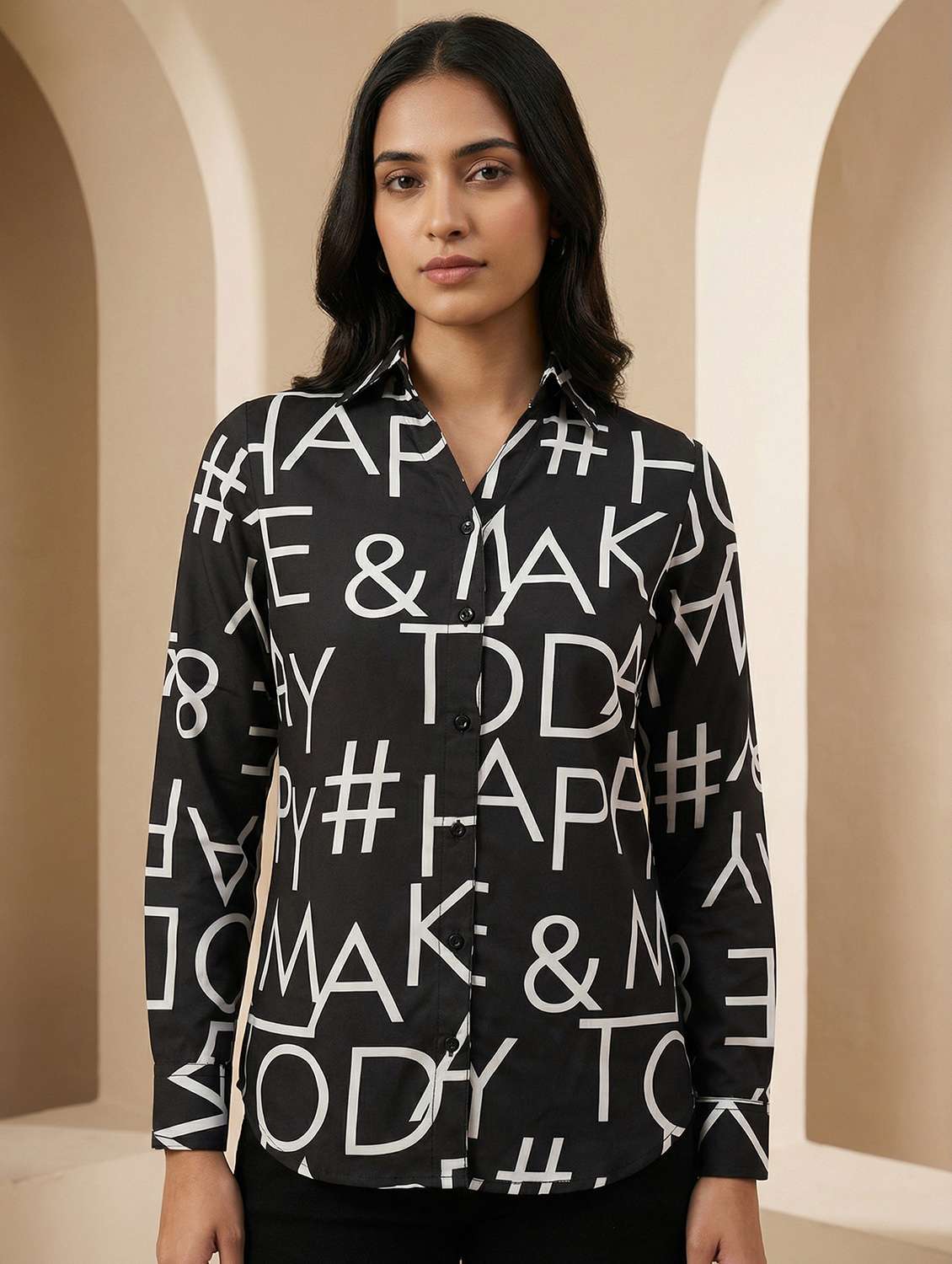 women printed collared long sleeve shirt - 22339500 -  Standard Image - 1