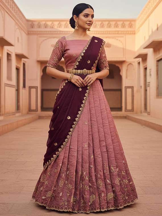 women solid with work unstitched lehenga choli set