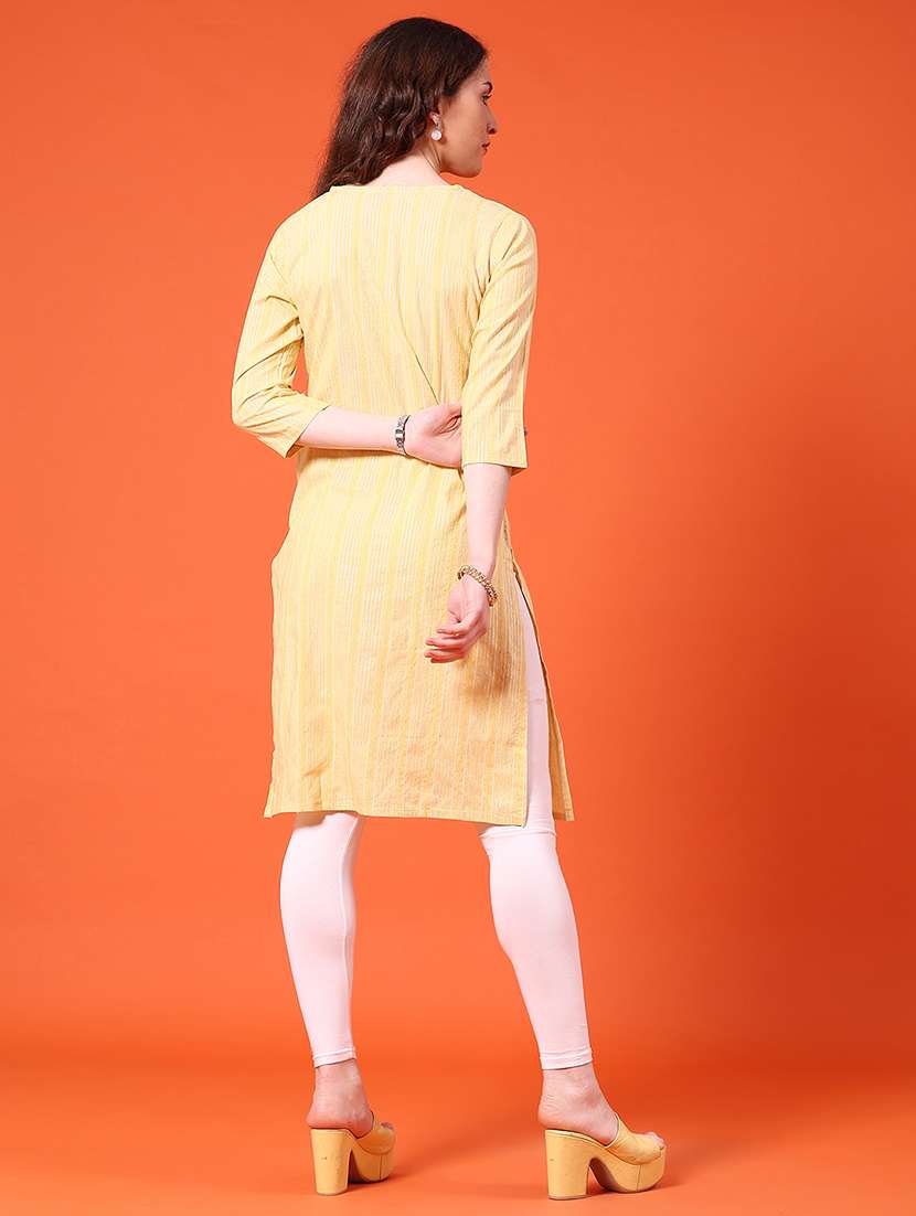 Women Striped Three Quarter Sleeve Straight Kurta - 22339586 -  Standard Image - 4